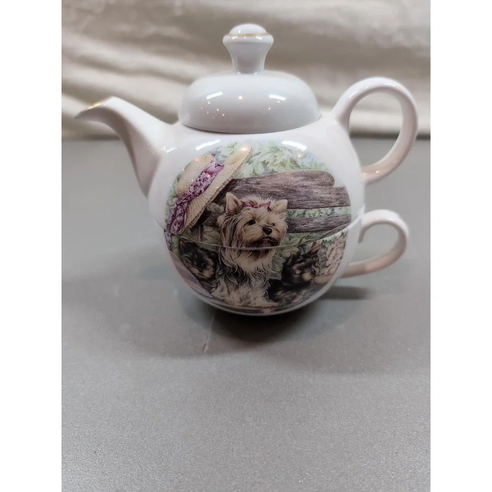 English Bone China Tea for One Set Yorkshire Terrier Yorkie & Kittens Gold Trim